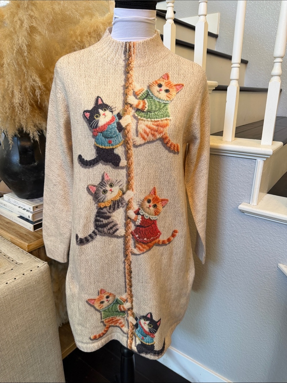 Kitten Print Turtleneck Sweater Dress Long Sleeve Heavyweight Size XS - Picture 2 of 7